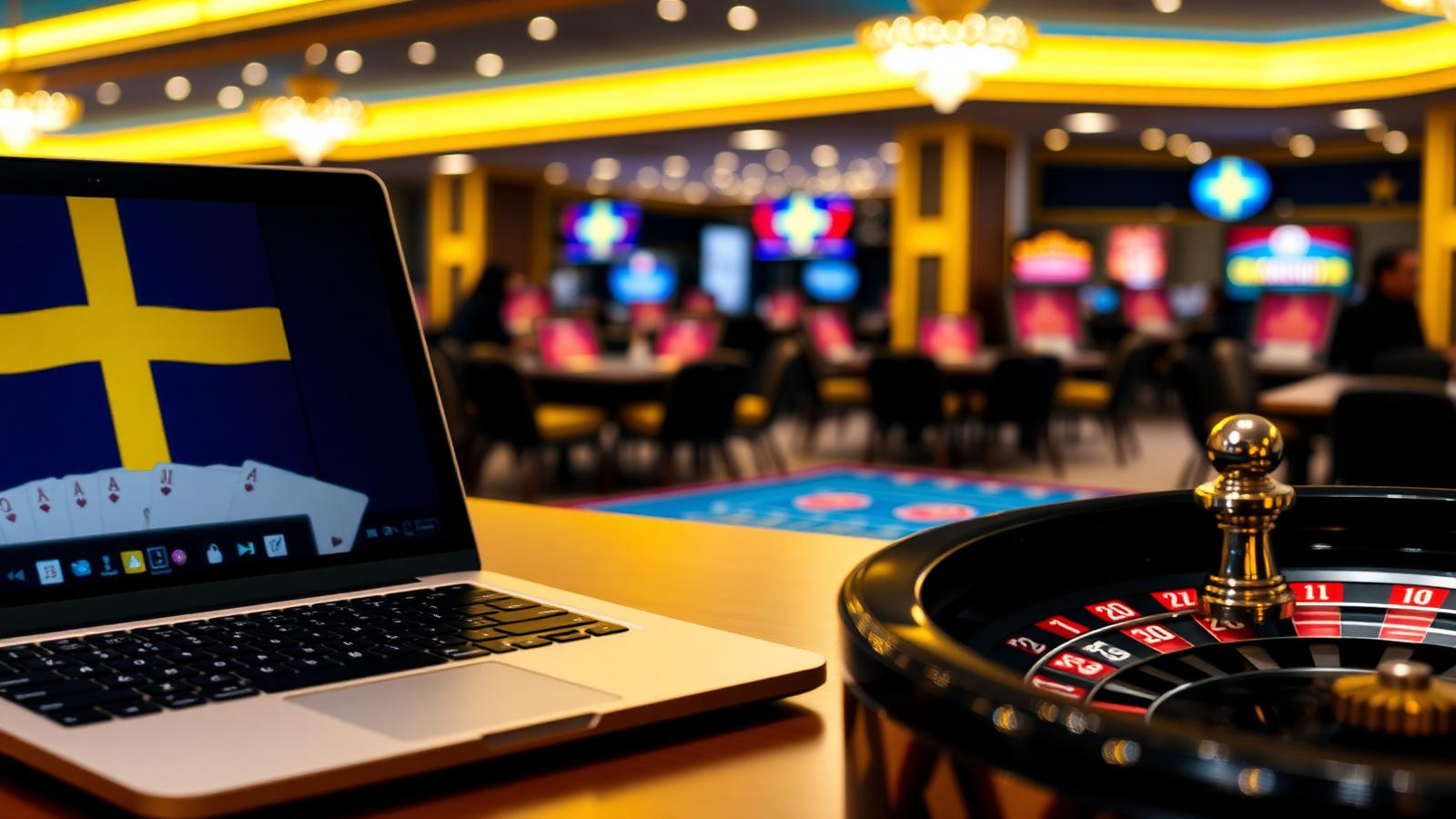 Svenskt färgsatt casinobord med dator och roulette för guide om casino utan svensk licens